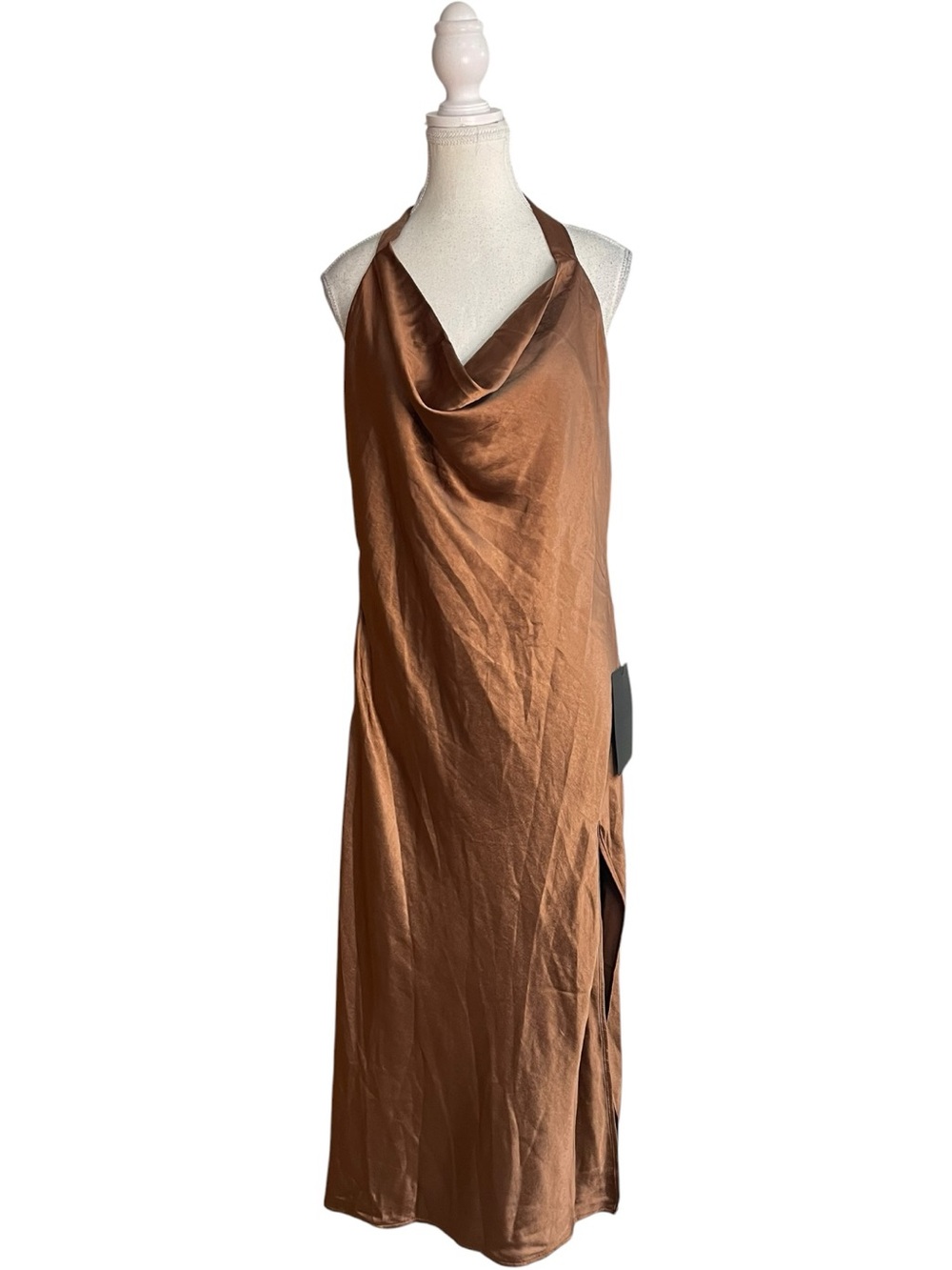 Lulus Sophisticated Impression Cowl Neck Halter Backless Satin Midi Dress Brown